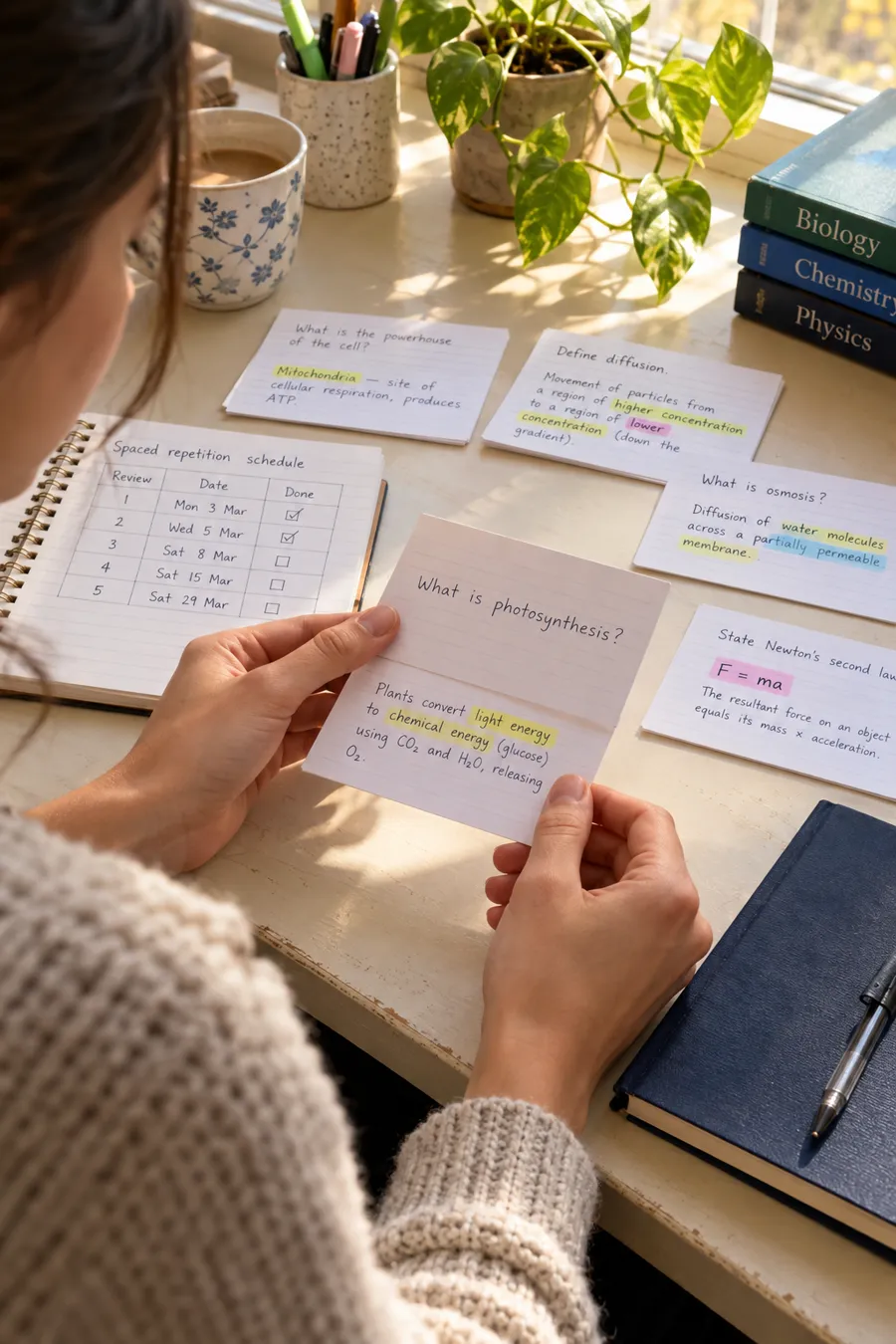 Student arranging active-recall cards for focused revision