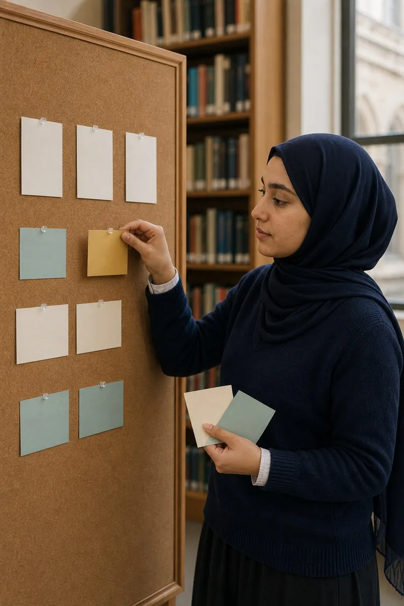 Student arranging blank active-recall cards on a study-room board