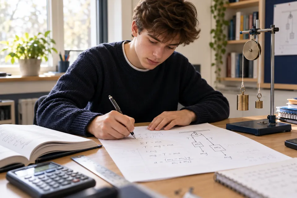 Student working through mechanics force diagrams beside a pulley