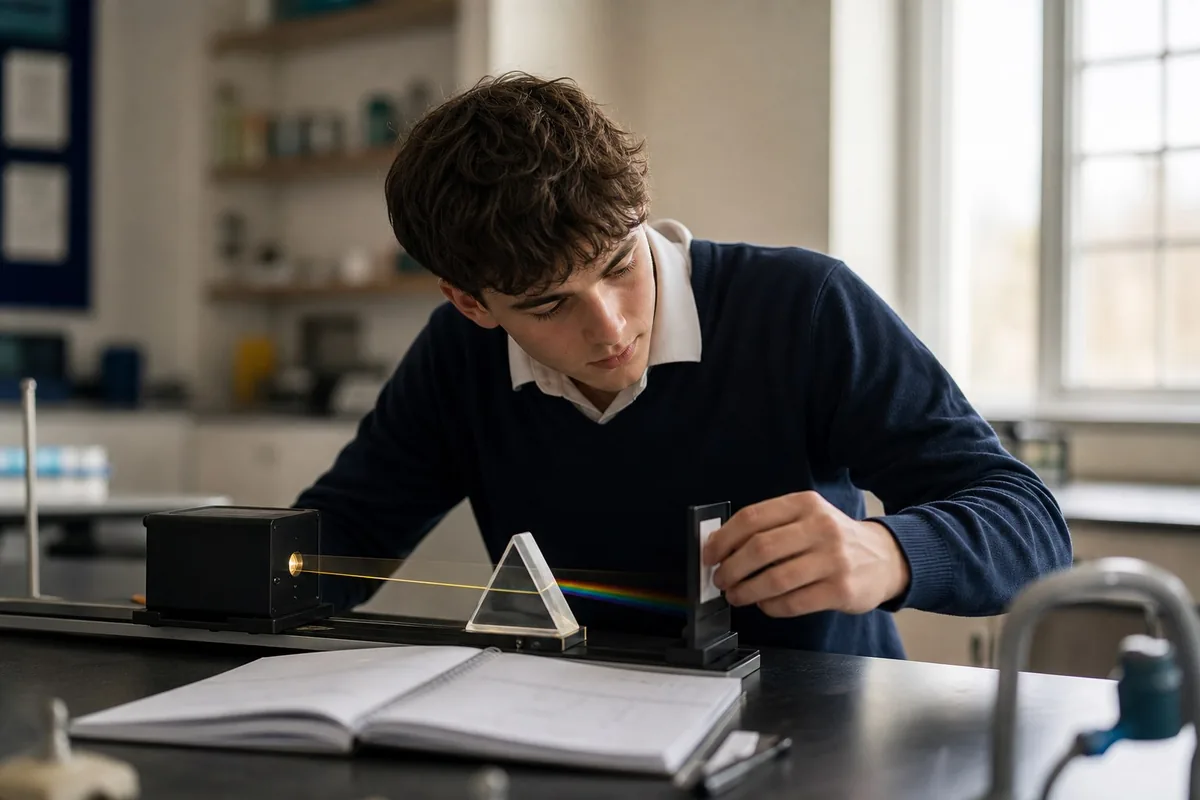 Sixth-form student conducting an optics experiment in a science classroom