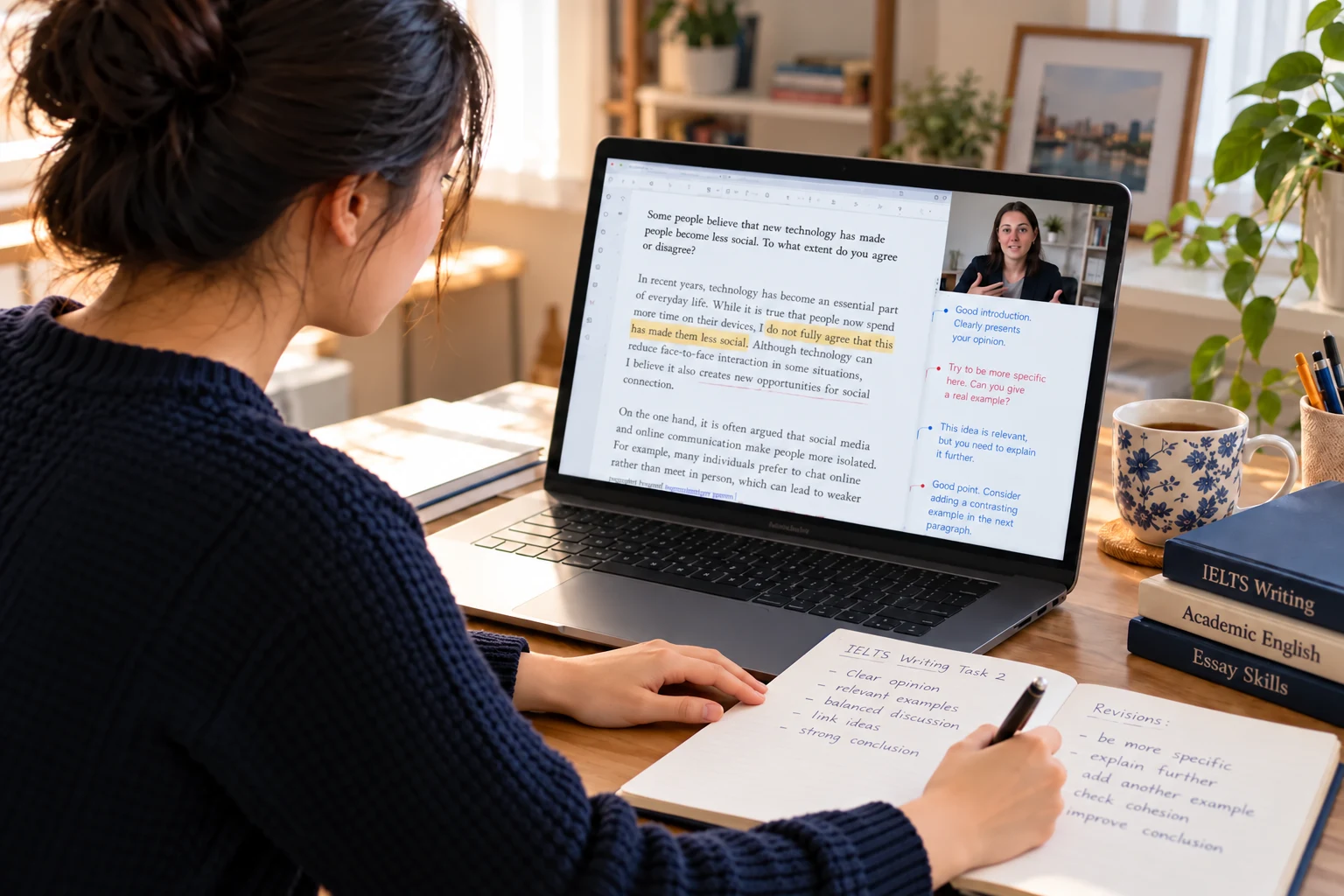 Student discussing an IELTS Writing Task 2 essay with an online tutor