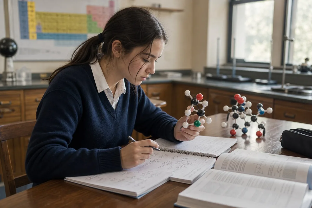 Student comparing a molecular model with chemistry notes in a classroom