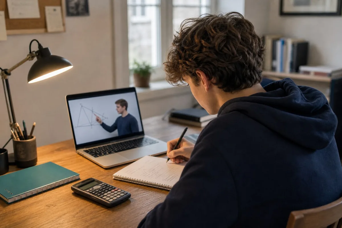 Student following a live mathematics lesson on a laptop at home