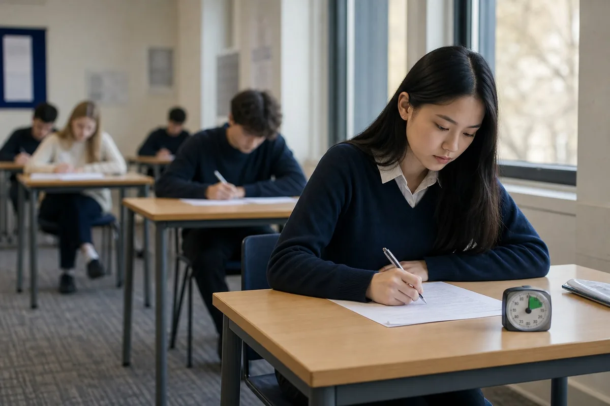 Student completing timed mock-exam practice in a calm college exam room