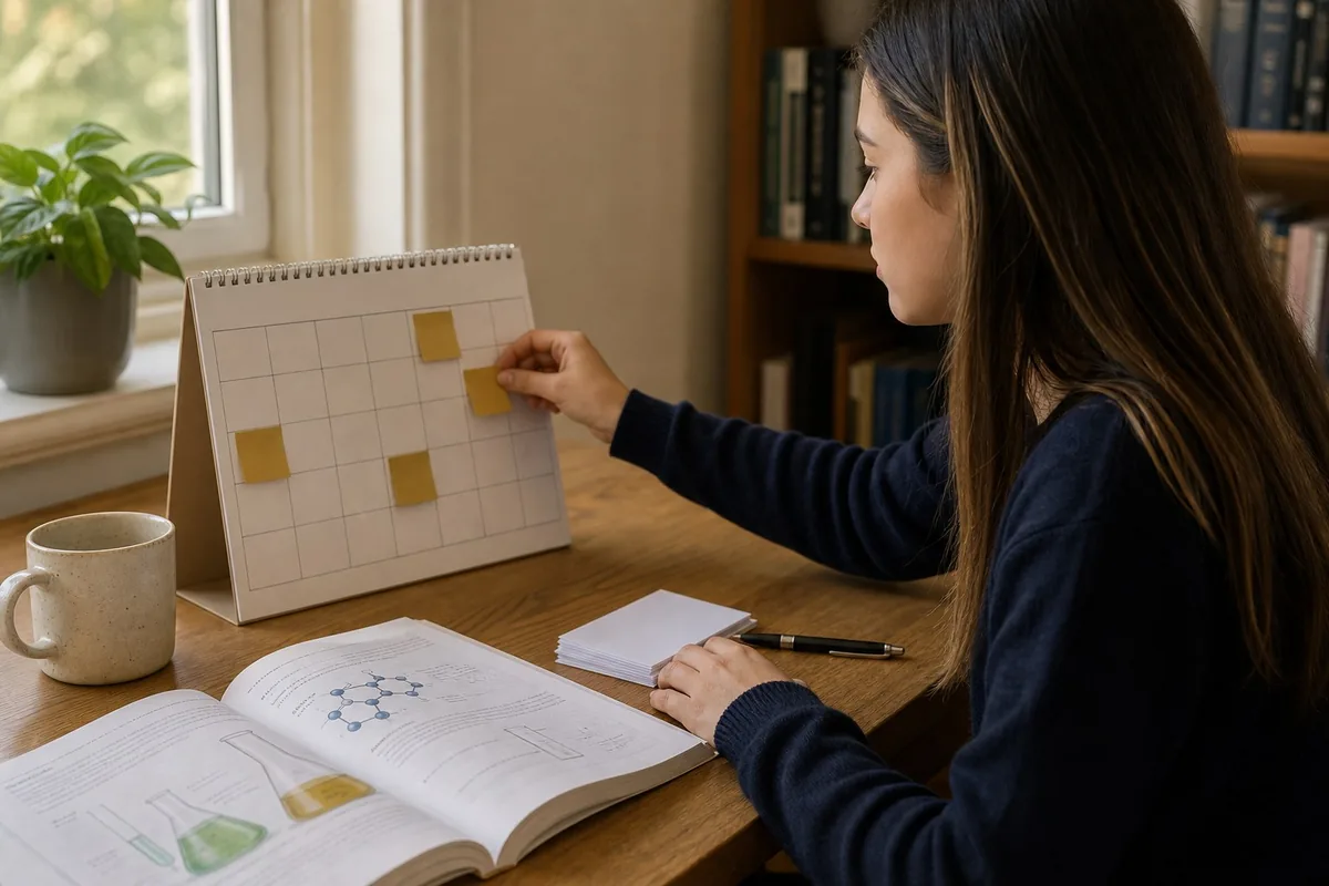 Student arranging a practical chemistry revision plan on a paper calendar