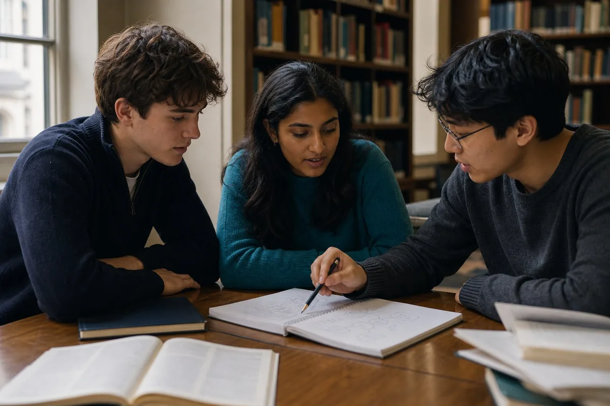 Three students discussing a concept diagram together in a library