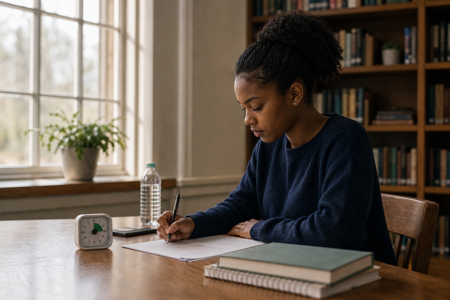 Student completing a timed practice paper calmly in a quiet reading room