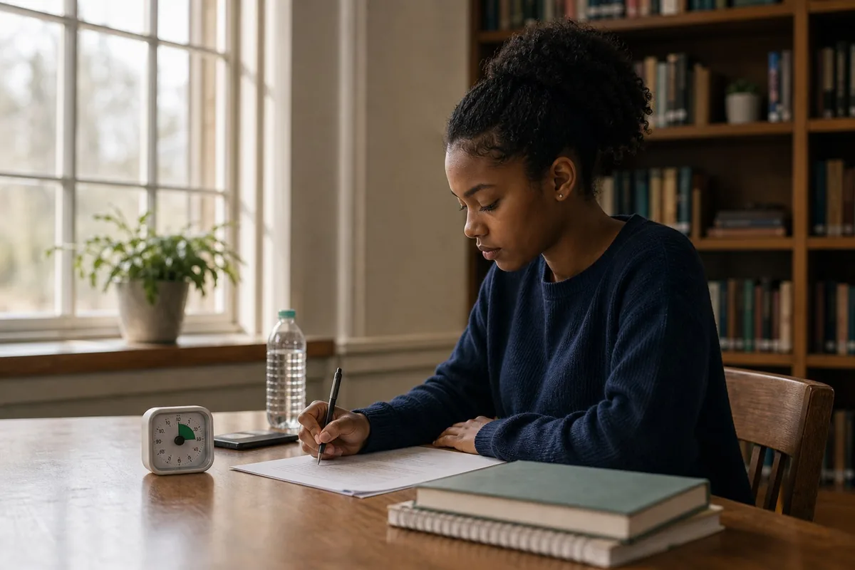 Student completing a timed practice paper calmly in a quiet reading room