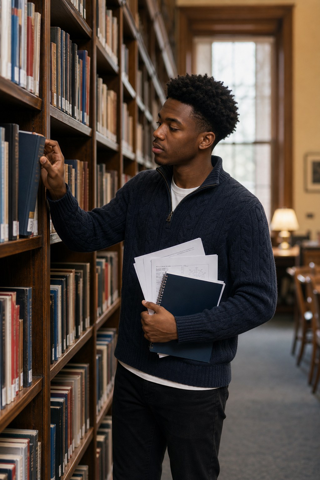 Student selecting a revision guide from library shelves while holding study sheets