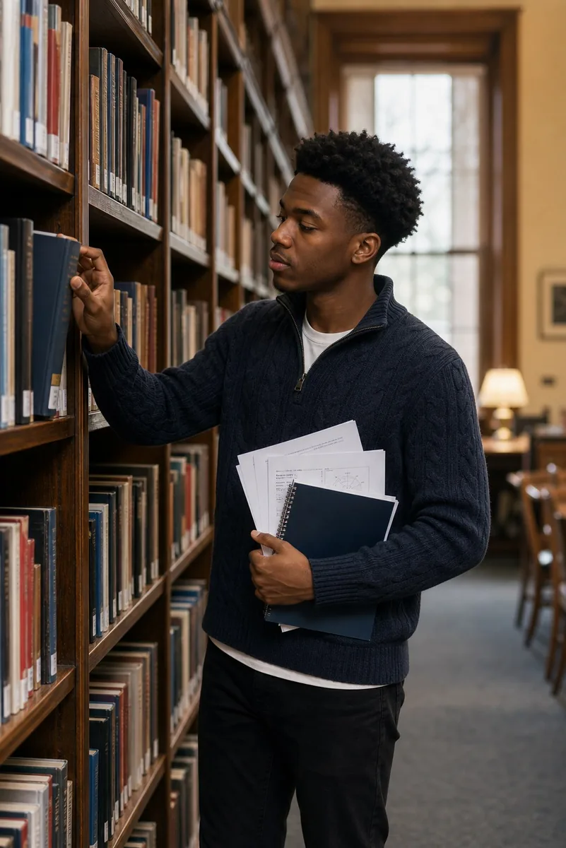 Student selecting a revision guide from library shelves while holding study sheets