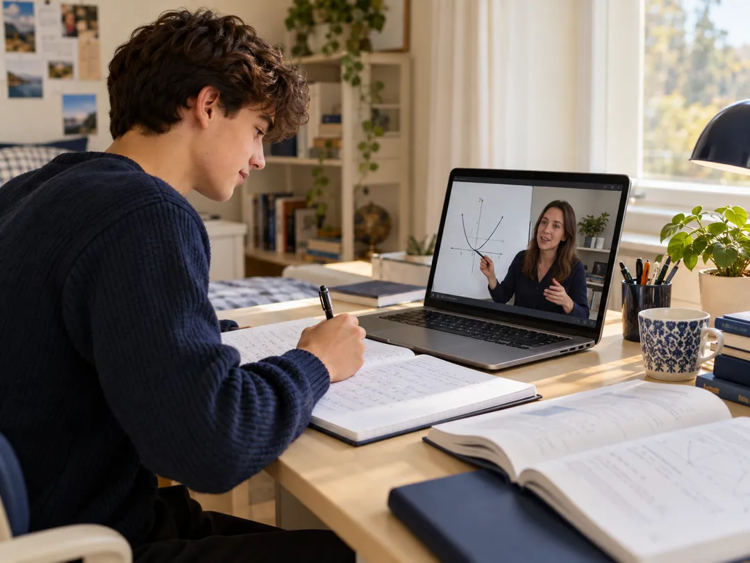 Focused student planning an academic study route with notes and a laptop