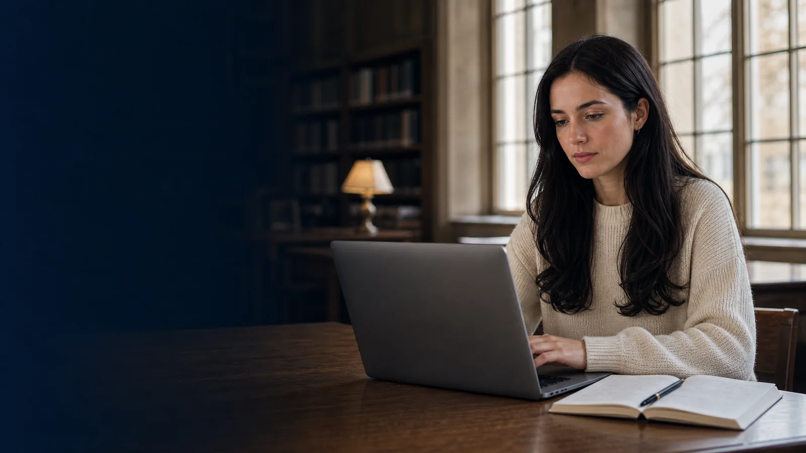 Student with a visible face studying at a laptop in a quiet university library