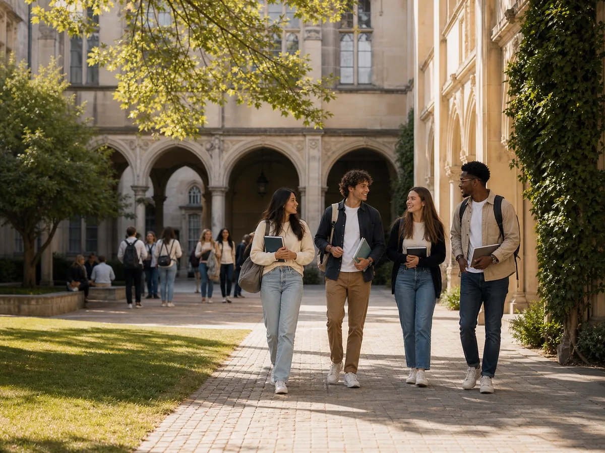 Students walking through a university courtyard